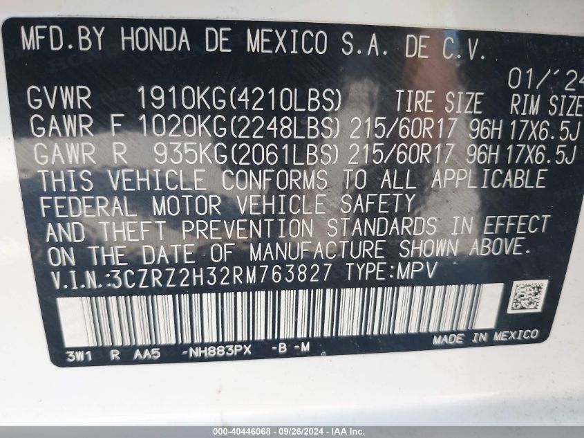 2024 Honda Hr-V Awd Lx VIN: 3CZRZ2H32RM763827 Lot: 40446068