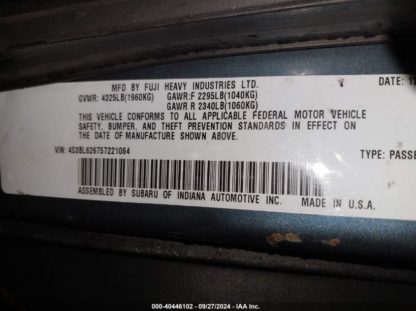 4S3BL626757221064 2005 Subaru Legacy 2.5I Limited