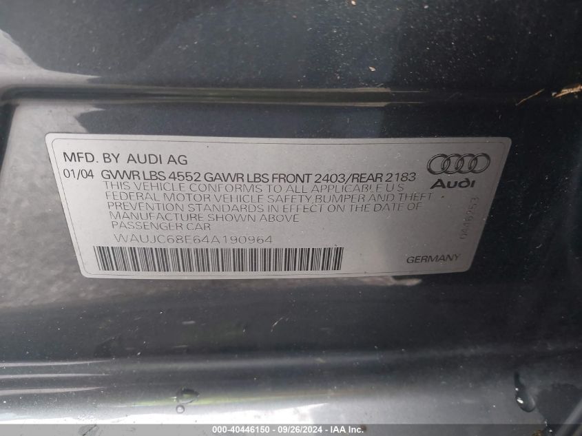 2004 Audi A4 1.8T VIN: WAUJC68E64A190964 Lot: 40446150