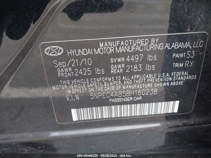 5NPEC4AB5BH160238 2011 Hyundai Sonata Se 2.0T