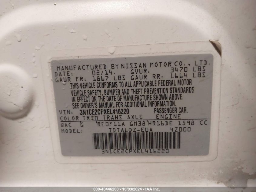 3N1CE2CPXEL416220 2014 Nissan Versa Note S (Sr)/S Plus/Sv