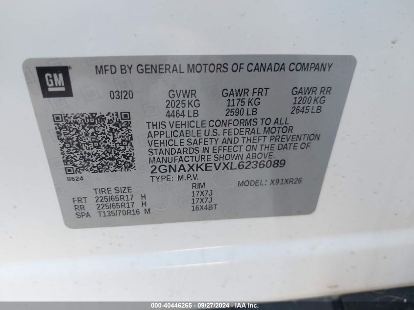 2020 Chevrolet Equinox Fwd Lt 1.5L Turbo VIN: 2GNAXKEVXL6236089 Lot: 40446265