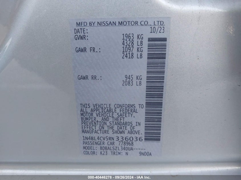 VIN 1N4BL4CV5RN336036 2024 NISSAN ALTIMA SR