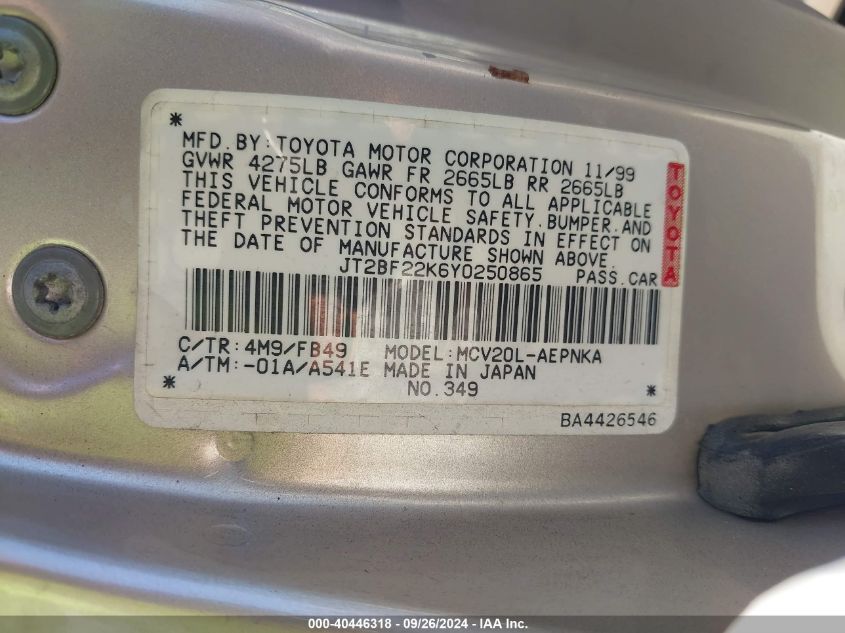 JT2BF22K6Y0250865 2000 Toyota Camry Le V6