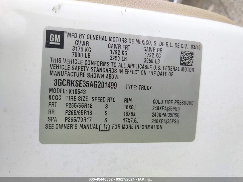 3GCRKSE35AG201499 2010 Chevrolet Silverado 1500 Lt