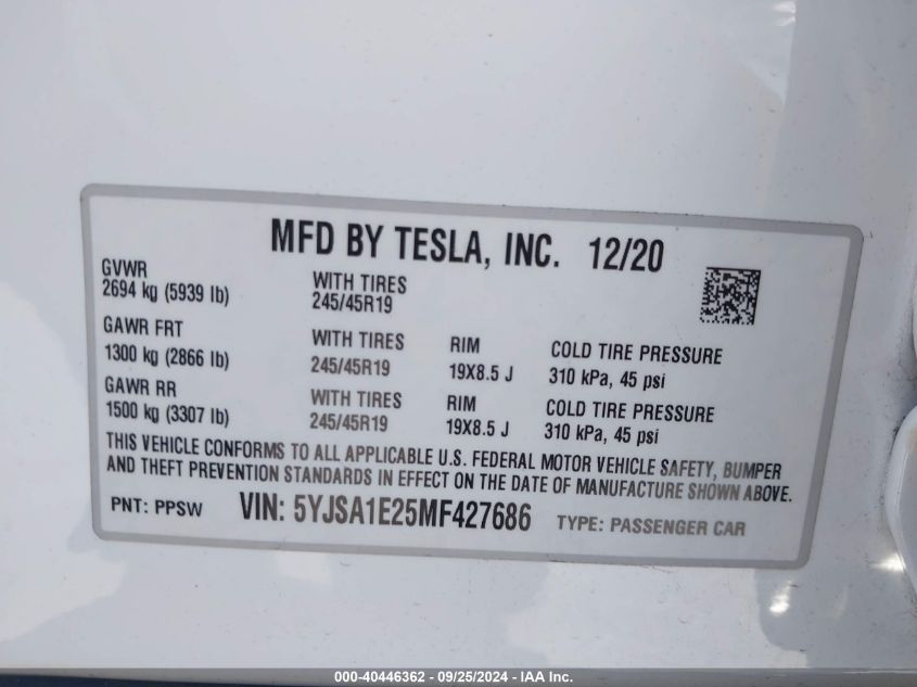 2021 Tesla Model S Long Range Dual Motor All-Wheel Drive/Long Range Plus Dual Motor All-Wheel Drive VIN: 5YJSA1E25MF427686 Lot: 40446362