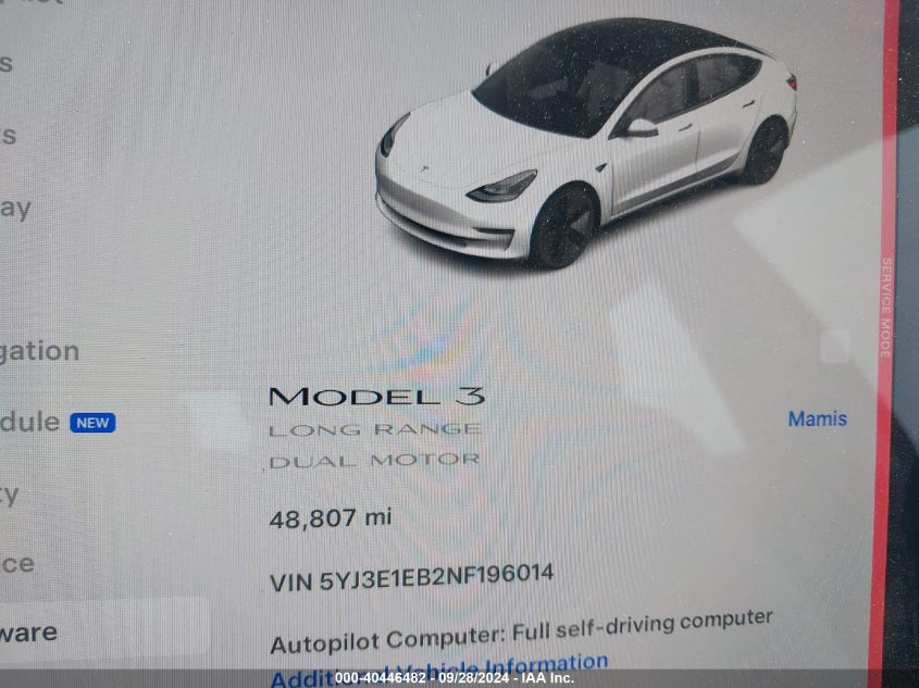 2022 Tesla Model 3 Long Range Dual Motor All-Wheel Drive VIN: 5YJ3E1EB2NF196014 Lot: 40446482