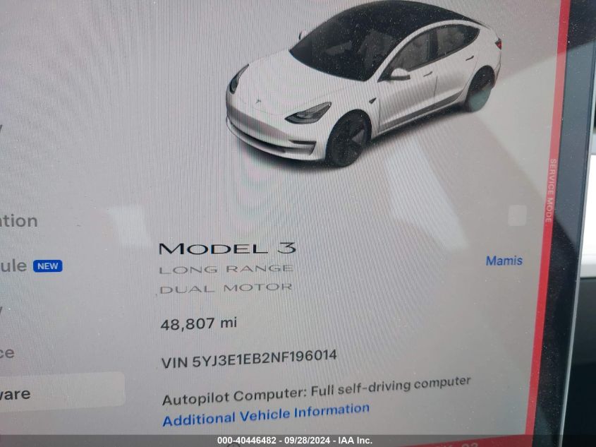 2022 Tesla Model 3 Long Range Dual Motor All-Wheel Drive VIN: 5YJ3E1EB2NF196014 Lot: 40446482