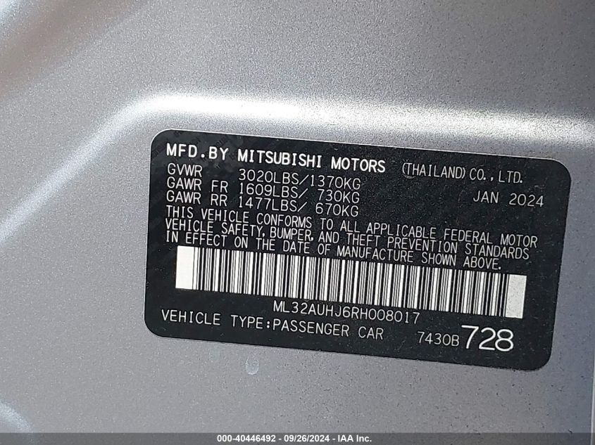 ML32AUHJ6RH008017 2024 Mitsubishi Mirage Es/Le