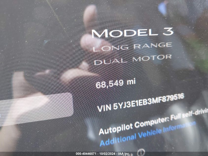 2021 Tesla Model 3 Long Range Dual Motor All-Wheel Drive VIN: 5YJ3E1EB3MF879516 Lot: 40446571