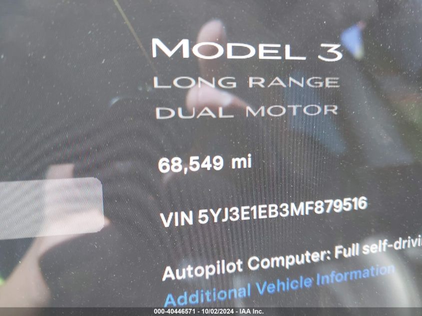 2021 Tesla Model 3 Long Range Dual Motor All-Wheel Drive VIN: 5YJ3E1EB3MF879516 Lot: 40446571