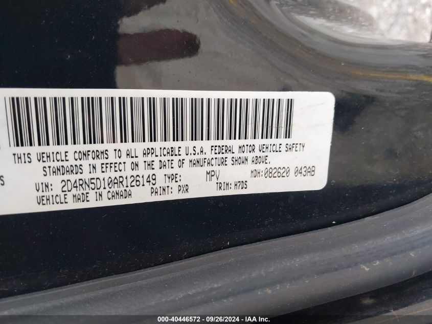 2010 Dodge Grand Caravan Sxt VIN: 2D4RN5D10AR126149 Lot: 40446572