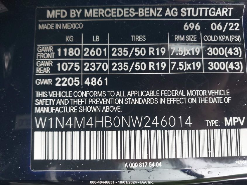 W1N4M4HB0NW246014 2022 Mercedes-Benz Glb 250 4Matic