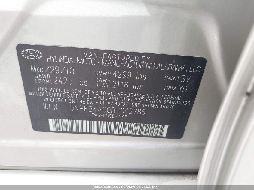 5NPEB4AC0BH042786 2011 Hyundai Sonata Gls