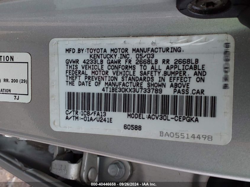 4T1BE30KX3U733789 2003 Toyota Camry Xle