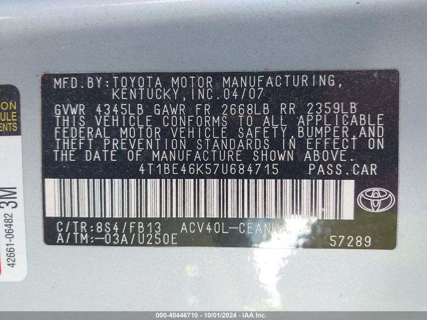 4T1BE46K57U684715 2007 Toyota Camry Ce/Le/Xle/Se