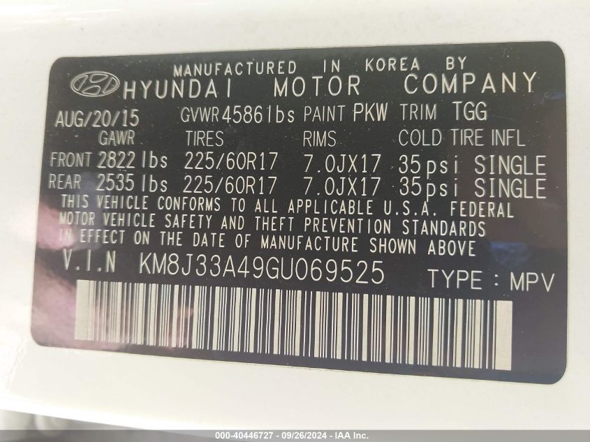 KM8J33A49GU069525 2016 Hyundai Tucson Limited/Sport And Eco/Se