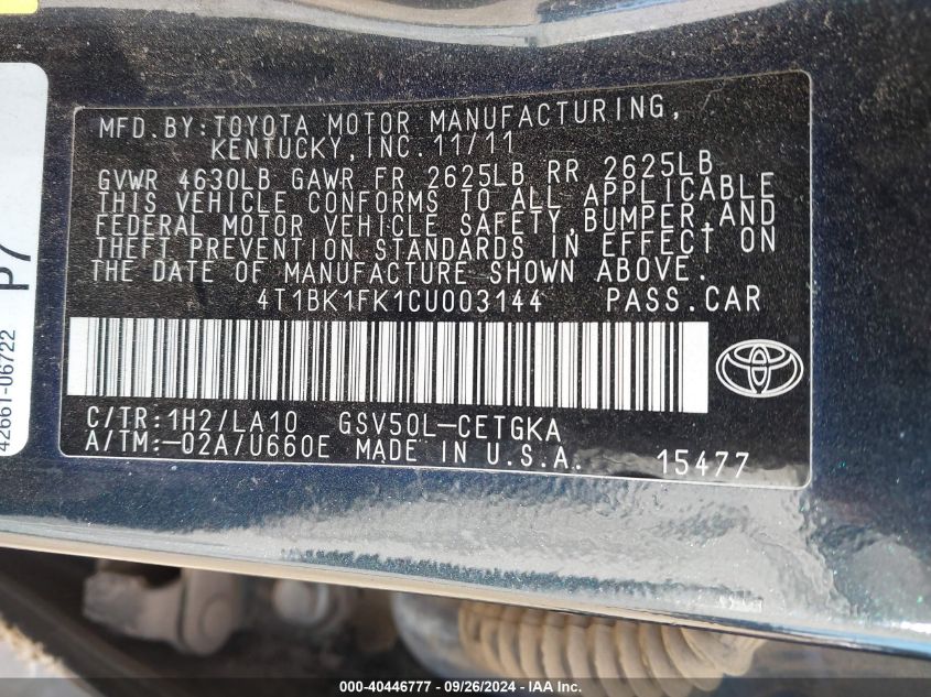 4T1BK1FK1CU003144 2012 Toyota Camry Xle V6