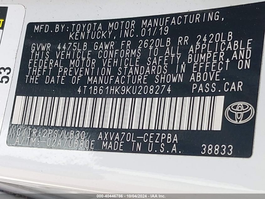 4T1B61HK9KU208274 2019 Toyota Camry Xse