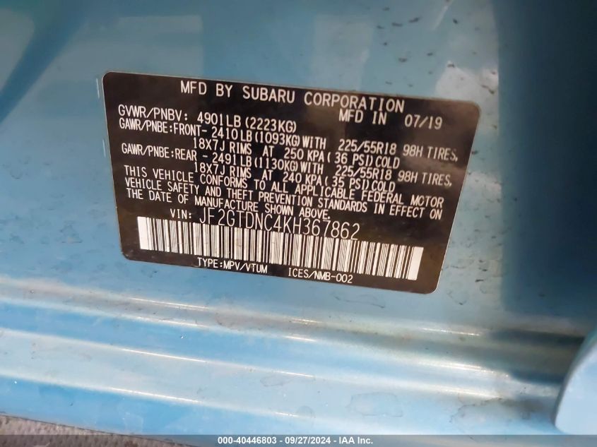 JF2GTDNC4KH367862 2019 Subaru Crosstrek Hybrid