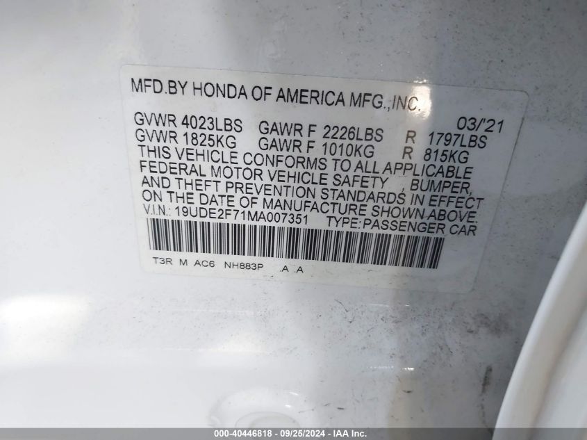 19UDE2F71MA007351 2021 Acura Ilx Premium Package/Technology Package