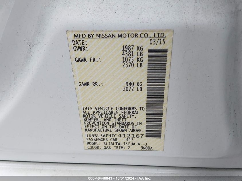 1N4BL3AP9FC412167 2015 Nissan Altima 3.5 Sl