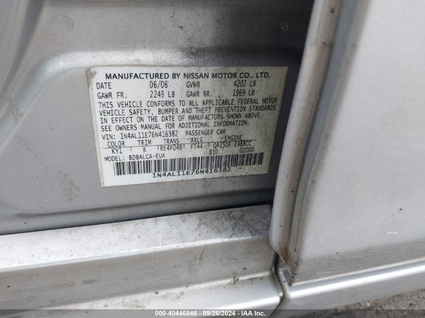 1N4AL11E76N416382 2006 Nissan Altima 2.5 S