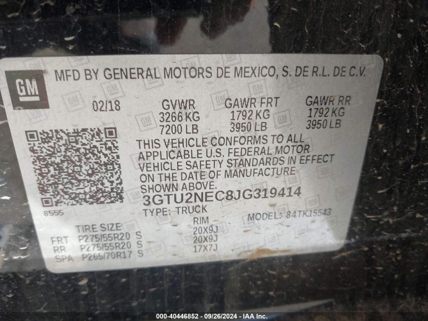 3GTU2NEC8JG319414 2018 GMC Sierra 1500 Slt