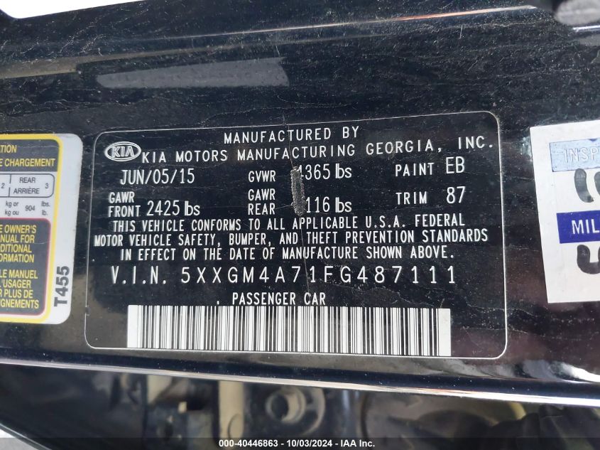 5XXGM4A71FG487111 2015 Kia Optima Lx