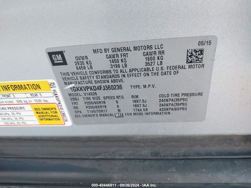 1GKKVPKD4FJ360236 2015 GMC Acadia Sle-2