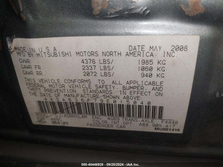 4A3AB36F79E015040 2009 Mitsubishi Galant Es/Sport Edition