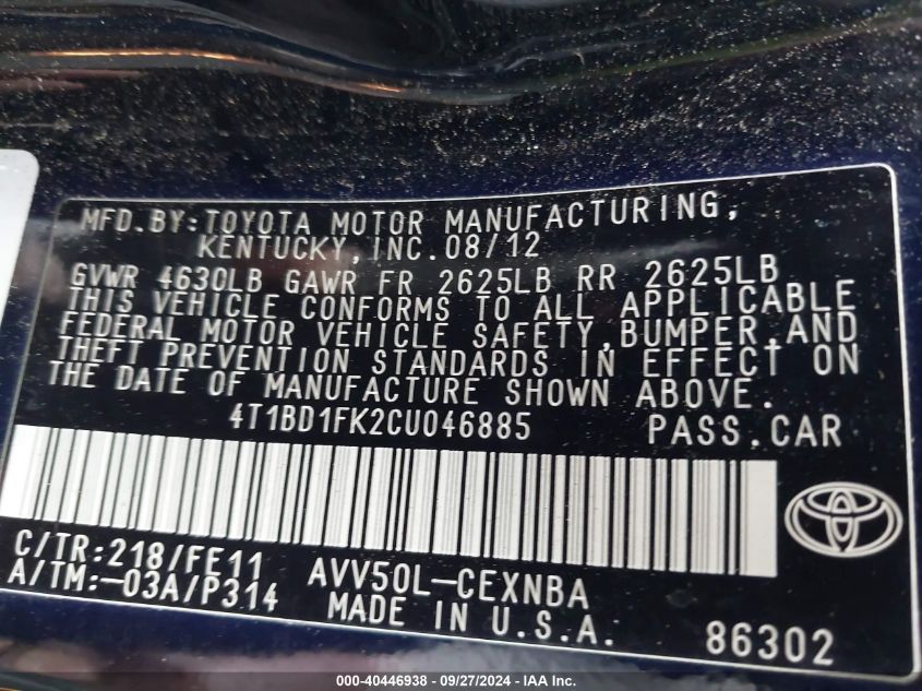 4T1BD1FK2CU046885 2012 Toyota Camry Hybrid Le