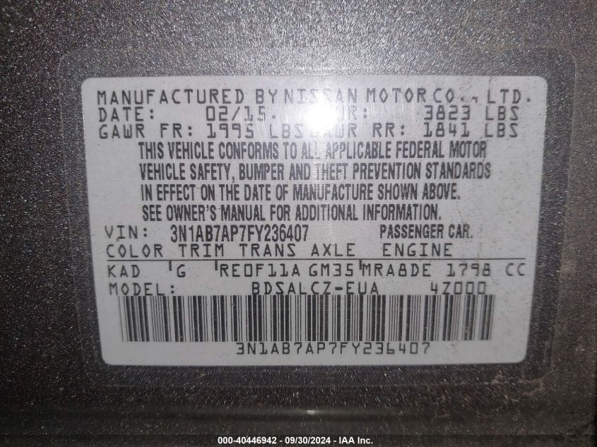 3N1AB7AP7FY236407 2015 Nissan Sentra Fe+ S/S/Sl/Sr/Sv