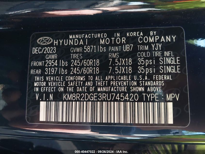 KM8R2DGE3RU745420 2024 Hyundai Palisade Sel