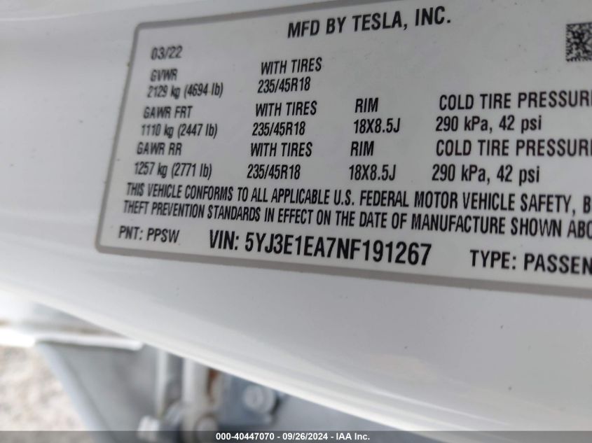 5YJ3E1EA7NF191267 2022 Tesla Model 3