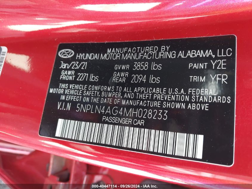 2021 Hyundai Elantra Sel VIN: 5NPLN4AG4MH028233 Lot: 40447114