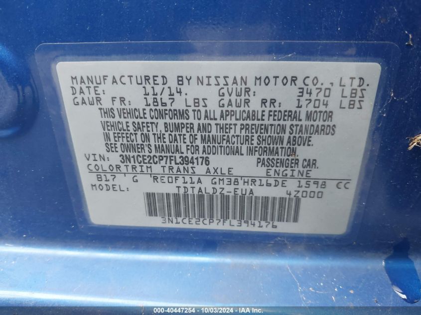 3N1CE2CP7FL394176 2015 Nissan Versa Note S (Sr)/S Plus/Sl/Sr/Sv