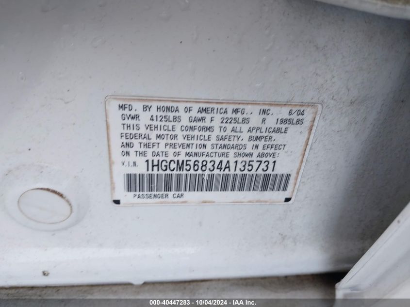 1HGCM56834A135731 2004 Honda Accord 2.4 Ex