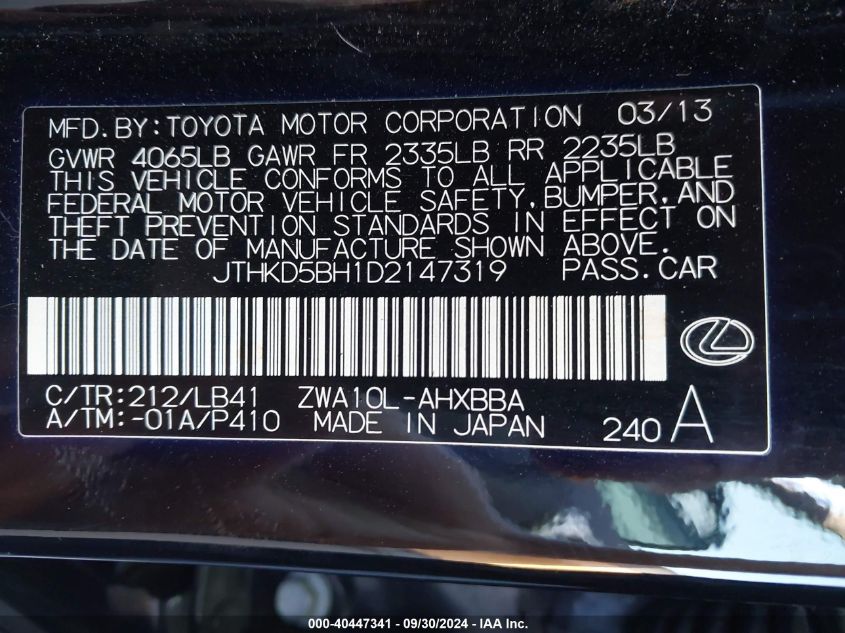 JTHKD5BH1D2147319 2013 Lexus Ct 200H