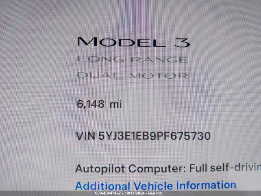 2023 Tesla Model 3 Long Range Dual Motor All-Wheel Drive VIN: 5YJ3E1EB9PF675730 Lot: 40447467