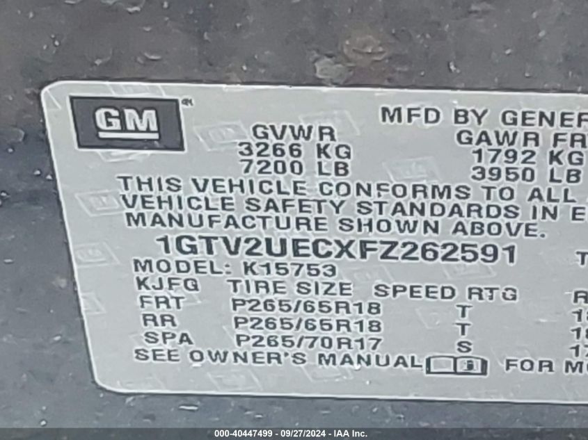 1GTV2UECXFZ262591 2015 GMC Sierra 1500 Sle