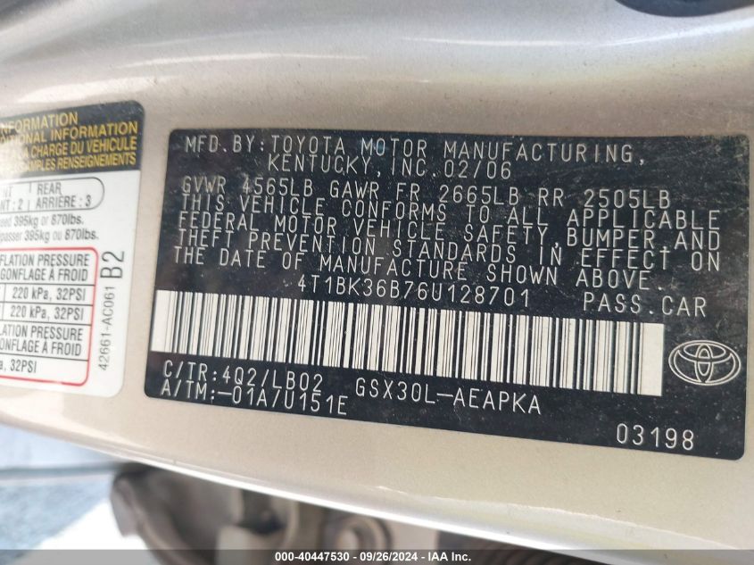 4T1BK36B76U128701 2006 Toyota Avalon Limited