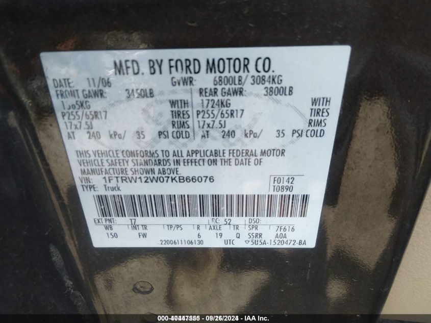 1FTRW12W07KB66076 2007 Ford F-150 Xlt