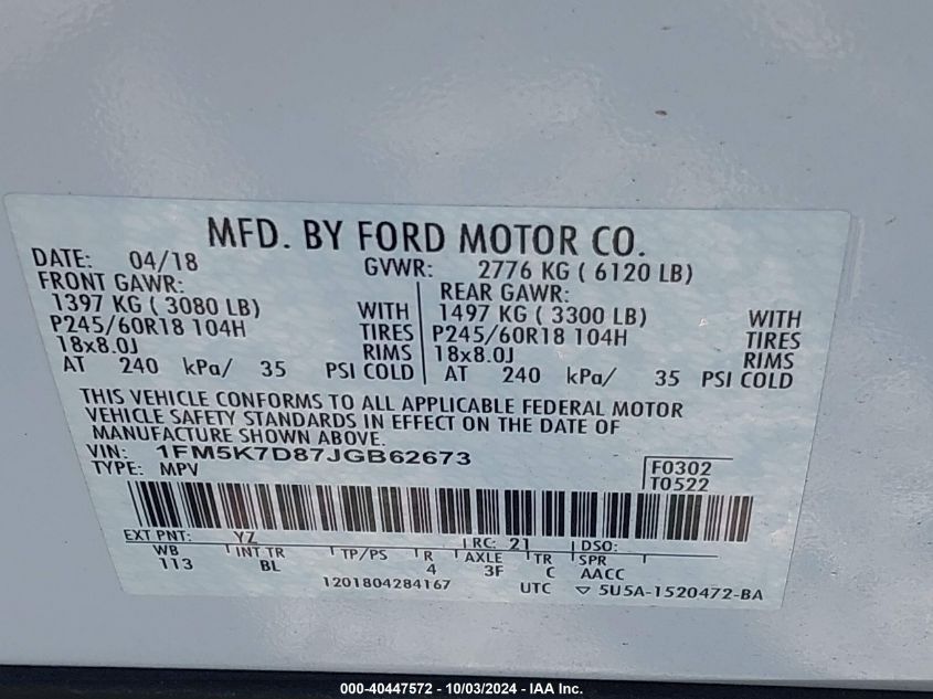 1FM5K7D87JGB62673 2018 Ford Explorer Xlt