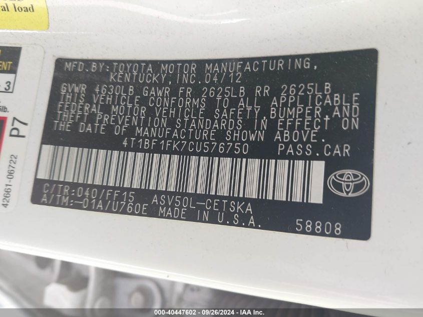 4T1BF1FK7CU576750 2012 Toyota Camry Se