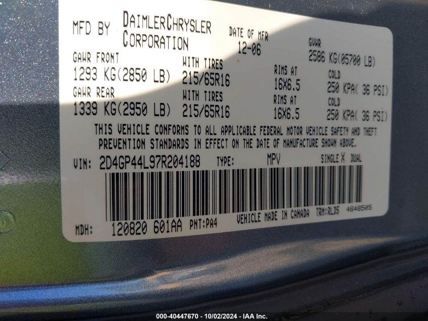 2D4GP44L97R204188 2007 Dodge Grand Caravan Sxt