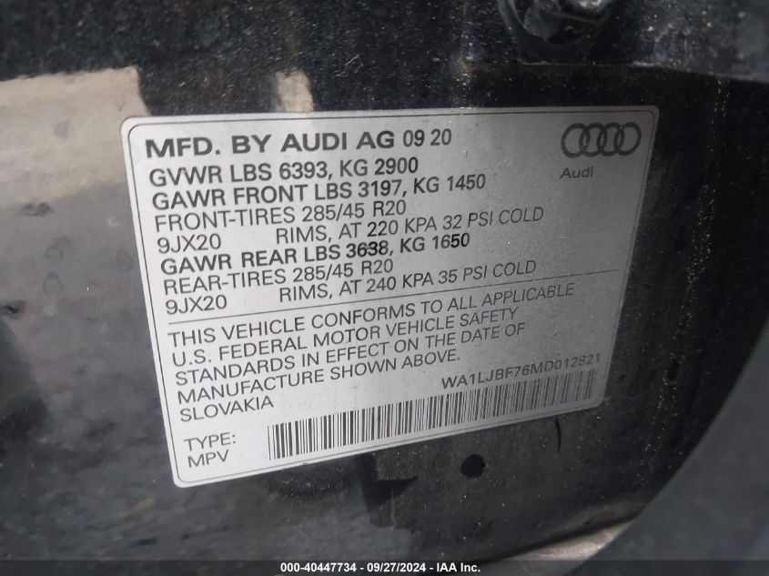 2021 Audi Q7 Premium Plus VIN: WA1LJBF76MD012821 Lot: 40447734