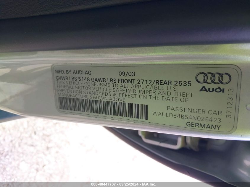 2004 Audi A6 2.7T VIN: WAULD64B54N026423 Lot: 40447737