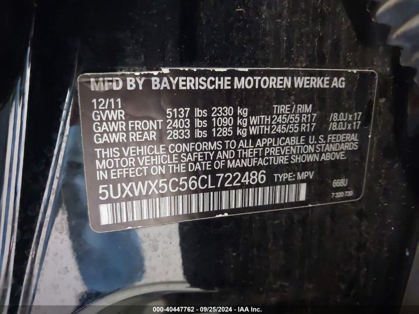 2012 BMW X3 xDrive28I VIN: 5UXWX5C56CL722486 Lot: 40447762