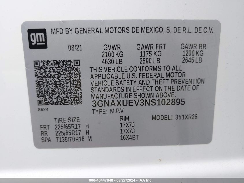 2022 Chevrolet Equinox Awd Lt VIN: 3GNAXUEV3NS102895 Lot: 40447848